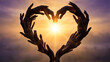 © Miftakhul - Many hands forming a heart shape silhouette against a glowing sunset, suitable for charity campaigns, community diversity projects and unity promotion.