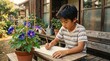 © Stingray_Japan - 昭和の日本人小学生：ベランダで朝顔の鉢植えを真剣な表情で見つめ、夏休みの宿題で観察日記のスケッチを描く日本人小学生男子のクローズアップポートレート