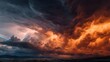© backup_studio - Severe thunderstorm with orange lightning in dark dramatic clouds. Supercell storm system over landscape. Extreme weather phenomenon, climate change, and natural disaster atmospheric power.