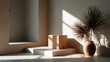 © Phirakhup - Cardboard parcel doorstep minimalist delivery box sunlight shadow vase plant clean entryway with calm neutral wall