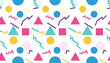 © UrbanVector Lab - Colorful retro Memphis seamless pattern featuring vibrant geometric shapes, triangles, and squiggles on white.