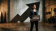 © matkhairul - Professional businesswoman in gray blazer holding a wooden sign with GROW text, standing in industrial studio with a large upward arrow shadow on a concrete wall background.