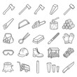 © OpaDesign - Lumberjack tools and equipment line art collection with axes, saw, logs, and safety gear.