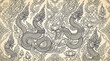 © V-Kree - Intricate traditional Thai Naga serpents and lotus flowers in detailed line art pattern, cultural Asian mythology.