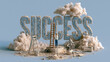 © Pug - A conceptual representation of success with a person climbing a ladder toward the word 'SUCCESS', surrounded by clouds of dust, symbolizing achievement and hard work.