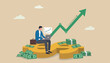 © kadir - Revenue growth or investment profit increase earning wealth accumulate, growing income financial analysis concept, businessman working computer laptop dollar sign money with rising graph
