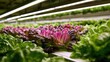 © Tante - Rows of vibrant leafy greens grow under artificial lights in a vertical farm