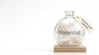 © Adi - Glass bottle holds the word potential on a white background