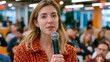 © Maksym - Female founder fielding a condescending question from an audience member at a startup panel event, standing composed and sharp at a microphone, the room watching as she dismantles the bias embedded