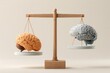 © ปอรยา ผานิล - 3D AI ethics concept with human brain and artificial intelligence on wooden scales