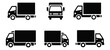 ©    - Delivery truck icon set, shipping truck silhouettes in side and front views, logistics transport, moving service and commercial freight vector illustration set.