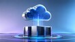 © Add Win - Advanced cloud computing infrastructure features a glowing metallic cloud icon with digital circuits, securely transferring data streams to server racks for robust global connectivity.