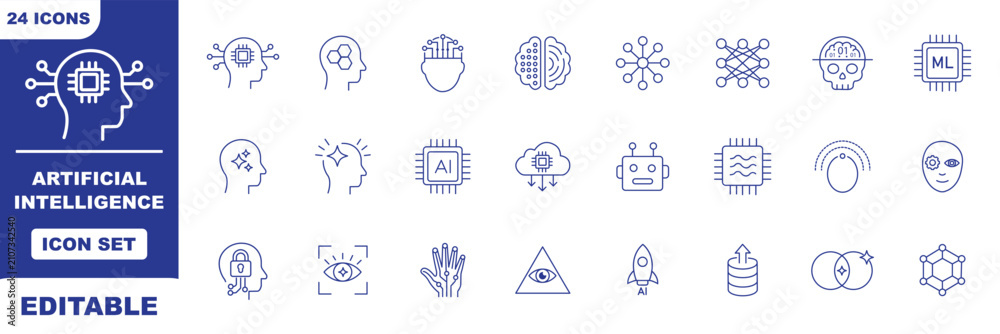 Generative AI line icon set featuring artificial intelligence, machine ...