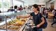 © Pris - Teenage girl smiling while selecting a healthy salad from a school cafeteria serving line
