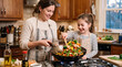 © INT888 - Mother daughter cooking stir fry kitchen wok vegetable family apron smiling mother and daughter cooking stir fry vegetable warm home kitchen, sharing happy family moment with apron, utensil, stove