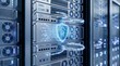 © Pure - Digital illustration of cybersecurity protection with a shield icon over server racks in a data center representing network safety.