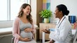 © MahamoodVisuals - Happy pregnant woman laughing with a friendly female doctor during a regular prenatal checkup at a modern clinic. Professional healthcare provider offers support and guidance for motherhood