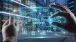 © PixelMastery  - Hands using tablet to control holographic IoT network in smart city at night