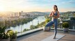 © StockVisionLab - Woman practicing tree pose yoga on balcony at sunset with city skyline and river view, mindfulness meditation exercise for mental wellness, healthy lifestyle and fitness routine...