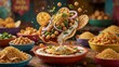 © STUDIO MELANGE - Variety indian food items arranged wooden table there several bowls different sizes colors including blue yell