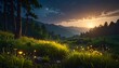 © kelinci - Serene sunset over mountainous landscape with fireflies.