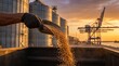 © Abbas - Worker pouring soybeans into container during harvest. Agricultural laborer handling golden grain at industrial port facility.