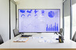 © SOMKID - A modern meeting room featuring a large digital screen displaying financial charts, sales opportunity scores, revenue, and profit analytics on the table in the foreground.