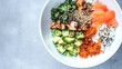 © Evi - artistically. Balanced meal composition with colorful vegetables and proteins arranged artistically on white plate. menu design.
