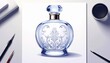© Tantu - Elegant clear glass perfume bottle with silver cap on white background.