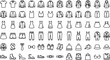 © MstYasmin - Vector line icon set of men and women apparel clothing jacket hoodie suit dress pants shoes bags and winter outerwear wardrobe collection