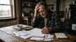 © DR Moura - Elderly Man Stressed Over Bills and Finances Sitting at a Rustic Wooden Table