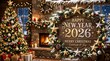 © MDASHIR - Happy new year 2026 and merry Christmas sign with festive decorations in cozy living room.