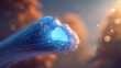 © PB Studio - macro cinematic shot of fiber optic cables glowing in blue and cyan. A glowing cloud computing icon appears at the end. Soft sunlight flares from top-left. Background blurred with warm bokeh
