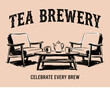 © panji - Tea brewery. Celebrate every brew. Vintage cafe design for tshirt print, poster, sticker, background. Teatime graphic print.