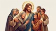 © Septian - Jesus Embraces His Flock: A radiant depiction of Jesus Christ, with a gentle smile and halo, embracing a diverse group of followers, conveying love, compassion, and spiritual guidance.