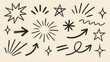 © DEXTEROUA - Crayon drawn attention symbols and doodle emphasis marks collection. Hand drawn sparkle bursts, comic rays, sketch highlight signs, manga starburst shapes and vector illustration