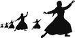 © Badhan - Silhouettes of multiple women dancing in a line with flowing dresses in a rhythmic sequence on a white background, for cultural