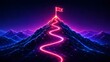 © Elite Studio - Neon glowing path winding up mountain peak with red flag at top. Concept of career success and goal achievement for corporate strategy.