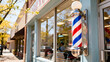 © 洁 张 - A vintage barber pole with red, white, and blue stripes spinning in spring sunlight.