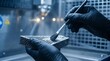 © lianlian liang - Technician hands in black gloves brushing metal powder off lattice structured 3D printed part during post processing in additive manufacturing facility