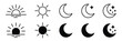 © MST BULBULY AKTER - Sun weather icon set, sunrise sunset symbol, crescent moon with stars, outline and filled styles, sky elements, vector illustration