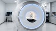 © Minho - Futuristic MRI scanner machine in a clean hospital room, advanced magnetic resonance imaging technology for patient diagnosis and health care treatment procedures.