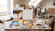 © Isa - Blank small canvas on easel with palette in sunlit art studio room