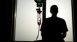 © DEVRIESTHOMAS MAARTE - IV drip with red fluid in hospital room with patient silhouette. Medical therapy administered to person by window. Healthcare treatment concept for clinical recovery and patient care.