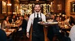 © pla2u - A smiling waiter presents a tray of delicious food in a warm and inviting restaurant setting, illuminated by festive string lights and intimate candlelight.