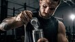 © Sugar Love Love - Athlete pouring supplement powder into steel shaker in gym