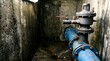 © AlignedArt - air release valve installed on municipal water pipeline inside underground utility chamber with copy space