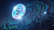 © D-point - Glowing dollar coin above a digital city skyline. Global finance and cryptocurrency concept for online transaction and digital economy.