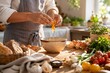 © Bagus - Person Cracking Fresh Egg into Bowl in Sunlit Rustic Kitchen with Organic Vegetables and Homemade Bread