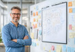 © Наталья Лазарева - Confident senior professional standing with arms crossed near a whiteboard covered with diagrams and sticky notes, perfect for concepts of leadership, planning, and innovation in a modern office